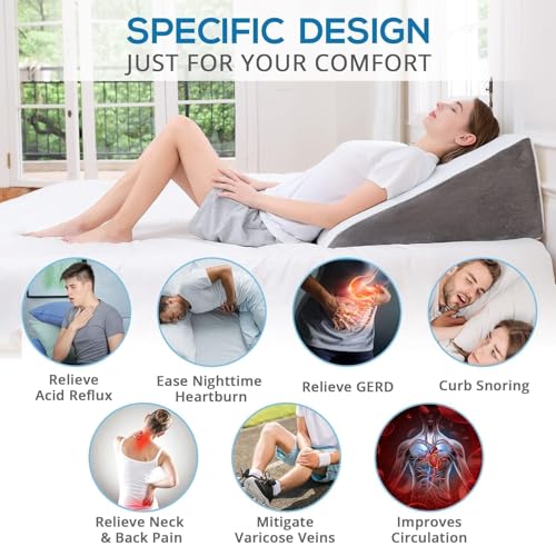 Sasttie Cool Grey Memory Foam Wedge Pillow 24x24x12 Inch Ergonomic Bed Support