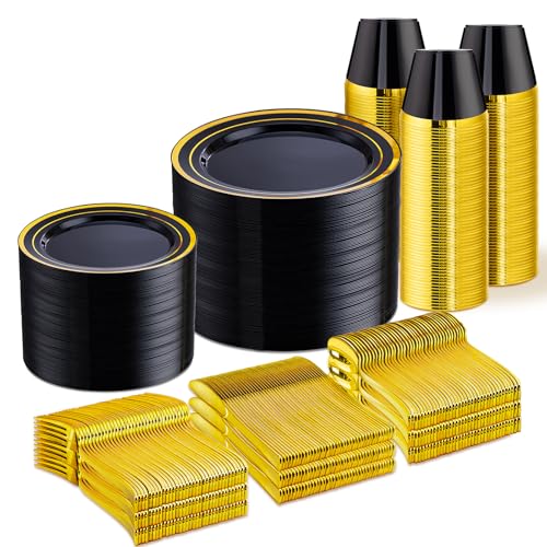 Disposable Dinnerware Set for 100 Guests Black and Gold 600 Pcs - Elegant Party Plates & Cutlery