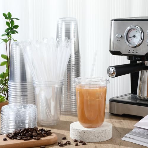 Ziliny 200 Sets 16 oz Clear Plastic Cups with Lids & Straws for Cold Drinks