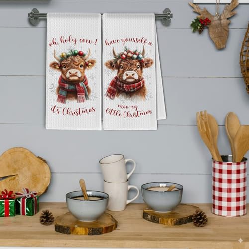 ChissNook Winter Highland Cow Christmas Kitchen Towels Set of 2 - 16x24 Inches