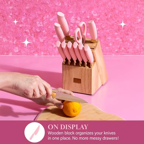 Pink 12-Piece Kitchen Knife Set with Block - High-Carbon Stainless Steel Cutlery