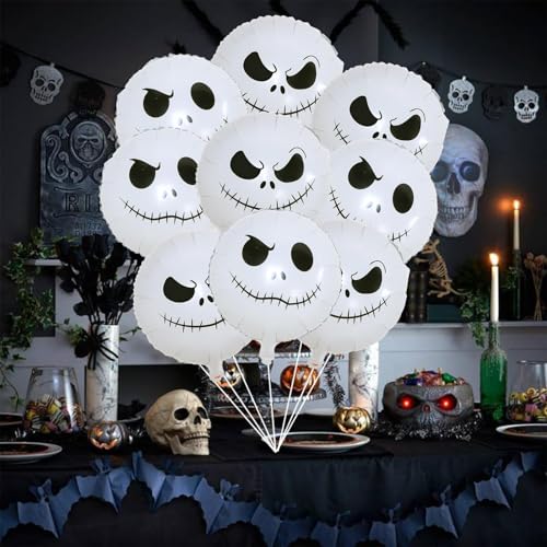 Halloween Skull Balloons Set, 18 Inch White Smiley Face Skull Mylar Foil Balloons Kit for Kids Horror Before Day of the Dead Trick or Treat Christmas Party Decorations Supplies