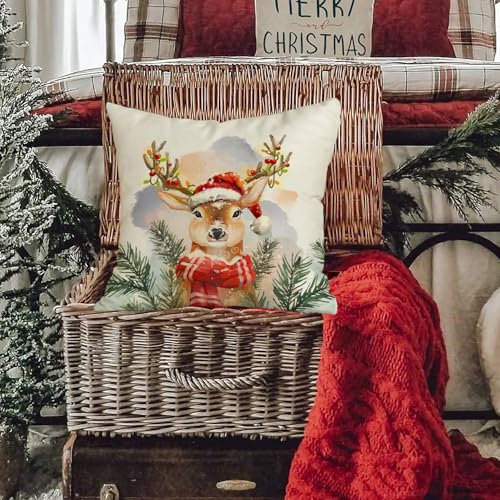 White 20x20 Inch Christmas Reindeer Pillow Cover - Farmhouse Holiday Decor