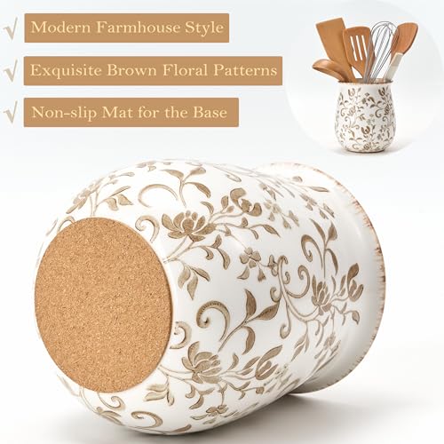 Jemirry Ceramic Utensil Holder for Kitchen Counter with Brown Flower Patterns - Farmhouse Decor
