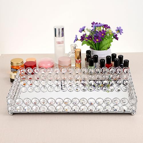 Hipiwe Crystal Mirror Perfume Tray Large Silver 13.8" x 7.9" Vanity Organizer