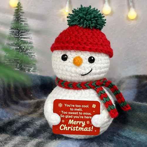 Crochet Snowman Decor, Merry Christmas Stocking Stuffers for Women Men, Holiday Secret Santa Gifts for Coworker, Small Cute Christmas Desk Table Decorations