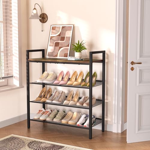Brown 4-Tier Shoe Rack for Entryway | Durable Metal & Wood Storage