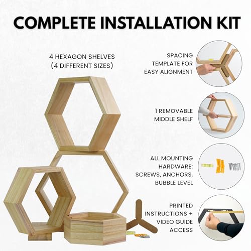 Natural Hexagon Floating Shelves Set of 4 - Honeycomb Wall Storage with Hardware