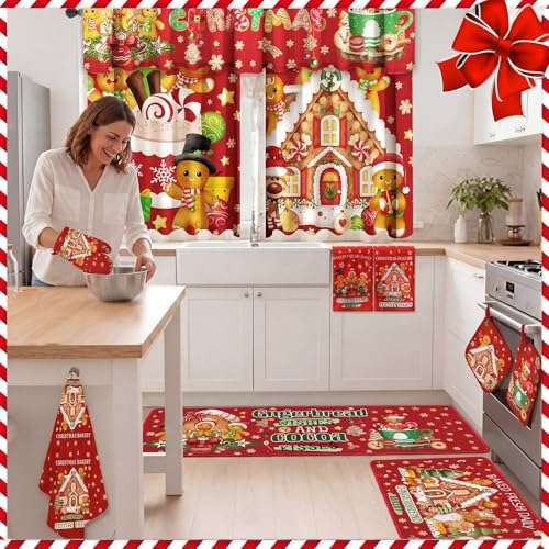 Gingerbread Man Kitchen Decor Set with Towels, Rugs & Valance - Holiday Christmas