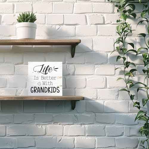 Funny Farmhouse Wood Box Sign Wall Decor, Life Is Better With Grandkids Wood Block Sign Wall Decorate, Grandparents Gift Rustic Home Office Desk Tabletop Shelf Decoration