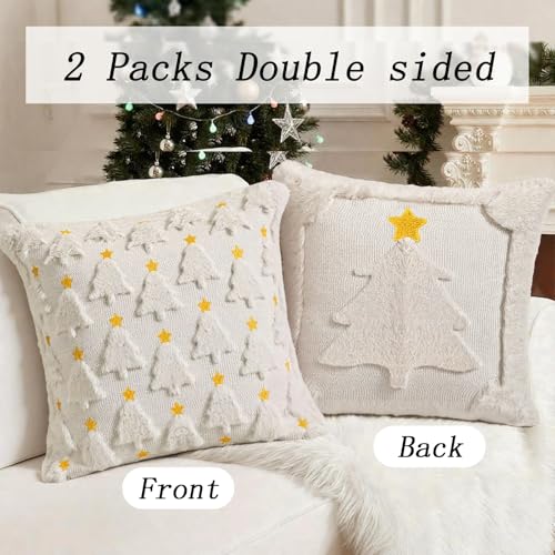 AOLIME Christmas Tree Pillow Covers Set of 2 18x18 Inch Double-Sided Embroidered Faux Fur Holiday Decor