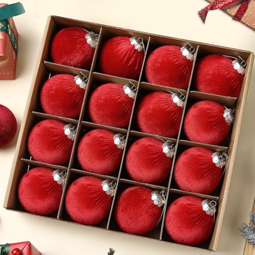 Afniimyapt 3.14 inch Red Velvet Christmas Ornaments, 16 Pcs with Silver Lids and Ropes