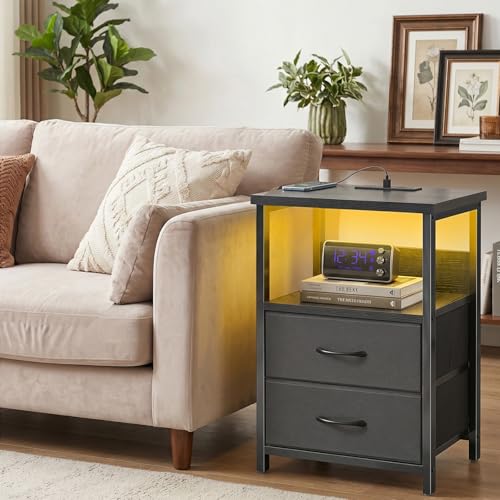 Fixwal Black Nightstands Set of 2 with LED RGB Lighting, Charging Station, 15.7 x 11.8 x 23.6 inches