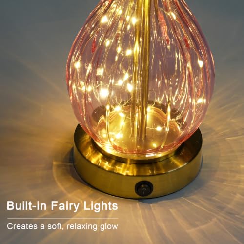 Pink Glass Table Lamps with Fairy Lights for Bedroom Nightstands - Set of 2