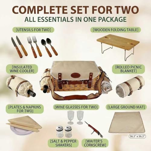 Nature2 Multifunctional Wicker Picnic Basket Set for 2 Adults with Blanket & Foldable Table - Outdoor Dining Kit