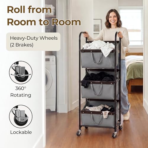 Grey 3-Tier Laundry Sorter Cart with Wheels - Narrow Hamper for Small Spaces
