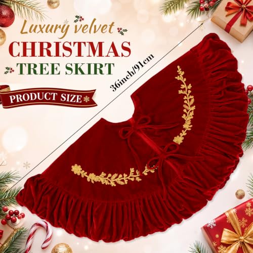 Sotiff 36 Inch Burgundy Velvet Christmas Tree Skirt with Gold Embroidery - Classic Wine Red
