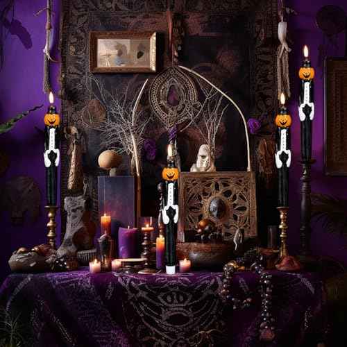 Halloween Flameless Taper Candles, Black and Pumpkin LED Flameless Candlesticks with 6H Timer, 2 Pack Halloween Pumpkin Candelabra with 3D Flame for Fall Home Decor(0.78¡± x 11.6¡±)