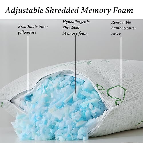 King Size Memory Foam Pillow Set of 2 - Adjustable Firm Support with Cooling Cover