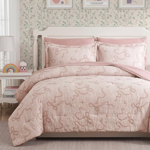 Full Pink Comforter Set for Girls - 7 Pieces Blush Bow Bed in a Bag