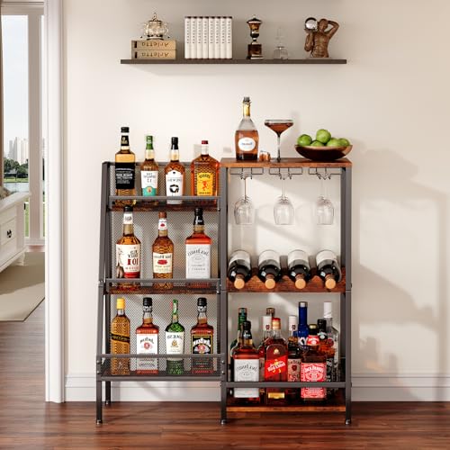 Large Versatile Liquor Stand for Home Bar - 3-Tier Floor Wine & Whiskey Rack with Glass Holder