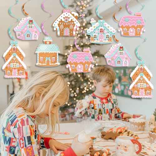 K KUMEED 20 Pcs Gingerbread House Theme Party Hanging Swirls Ceiling Hanging Streamers,Cute Gingerbread House Party Decorations Banner for Christmas Birthday Baby Shower