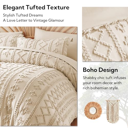 Queen Comforter Set 7 Pieces - Beige Boho Tufted Bedding with Microfiber