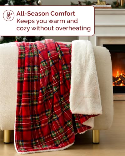 Christmas Sherpa Blanket Throw Size 50x60 Reversible Plaid Holiday Decor - CGK Unlimited
