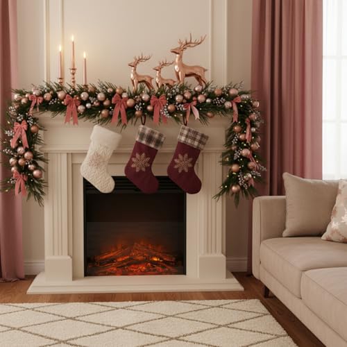 CraftyDream 6ft Christmas Norfolk Pine Garland with Lights – Rose Gold
