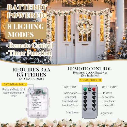 Zubebe Champagne Prelit Poinsettia Christmas Garland 6.5 ft with Remote & 8 Modes