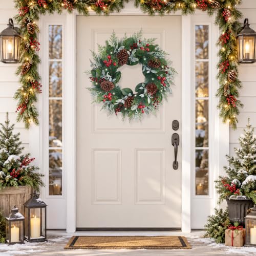 26" Large Christmas Wreath with Lights, Iced Red Berry & Pinecones
