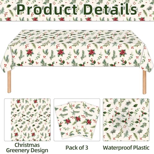 Tedercle Christmas Greenery Tablecloth – 54x108 Inch, 3 Pack, Disposable Holiday Plastic Cover with Holly & Pine Design