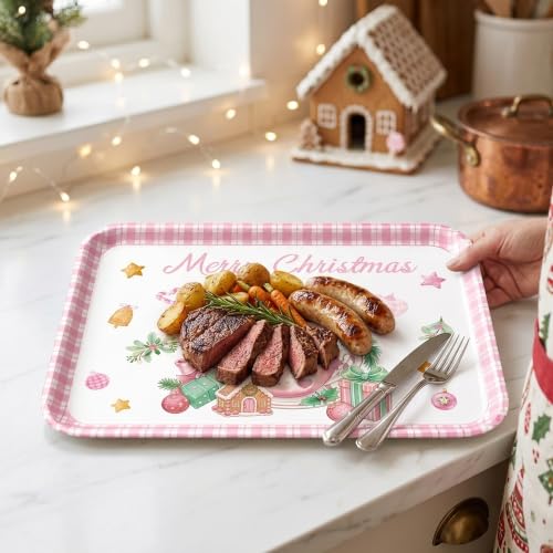 Christmas Serving Trays 3Pcs Pink Merry Christmas Reusable Melamine Platters - Holiday Party Decor