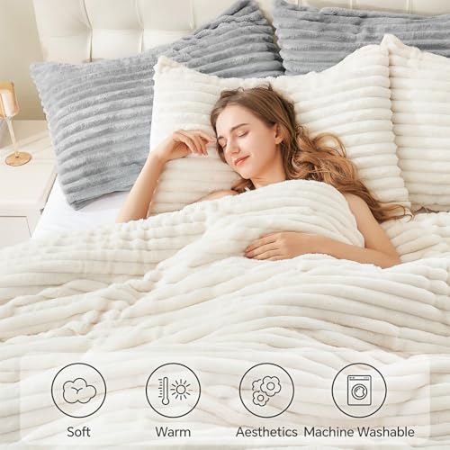 BEDELITE Queen Fleece Comforter Set Cream White - Luxury Fluffy Bed Bedding