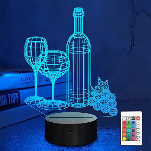 Lampeez 3D Wine Cup Bottle Night Lights Lamp,16 Colors Changing Optical Illusion LED Remote Control Touch USB,Birthday Xmas Gifts for Kids Girls Room Wine Bar Decoration Home Decor