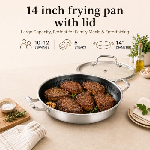DELARLO 14 Inch Black Tri-Ply Stainless Steel Paella Pan with Lid, Induction Ready