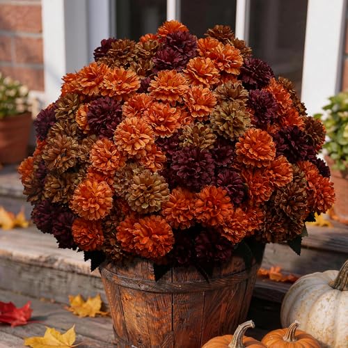 HIFORESTAR Mix Color 12 Bundles Artificial Fall Chrysanthemum Flowers Outdoor UV-Resistant Faux Plants