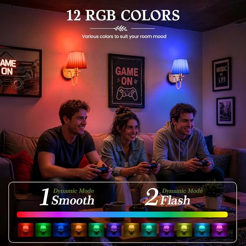 6000mAh Battery Operated Wall Sconces Set of 2 - Gold - No Wiring, Dimmable RGB Mood Lighting