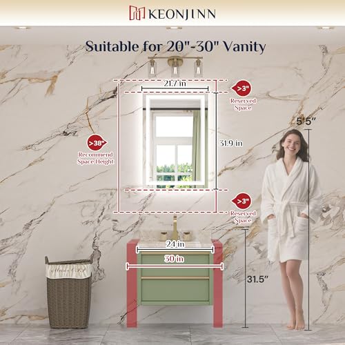 Keonjinn 22 x 32 Inch LED Bathroom Mirror with Backlit & Frontlit, Tempered Glass, Dimmable, Defogging, Wall Mount