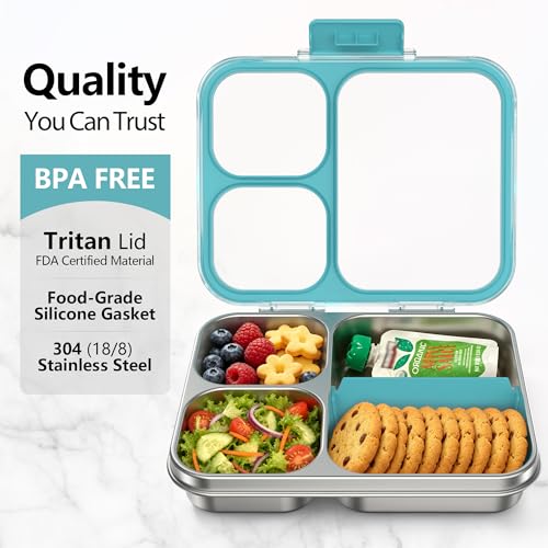 Blue Stainless Steel Bento Lunch Box 3-Compartment 34oz - Leakproof, Food Safe