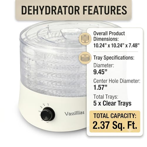 Vassillias White Small Food Dehydrator Dryer for Jerky, Fruits & Herbs