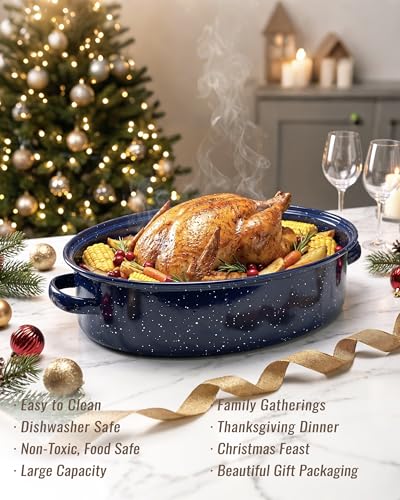 Enamel Turkey Roasting Pan with Lid & Rack - 18 Inch Large Oven Set - Midnight Blue