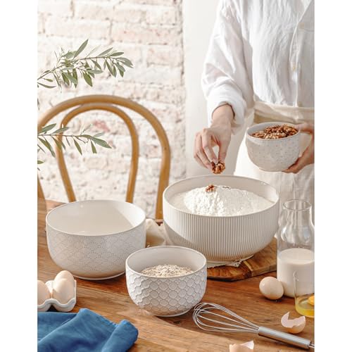 Mikiegy Ceramic Mixing Bowls Set of 4, Nesting Embossment Stoneware