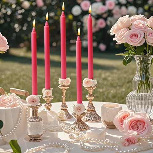 Kemladio 10in Rose Red Vertical Stripe Taper Candles, 4-Pack for Dinner Parties & Weddings