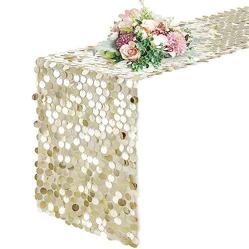 Pufogu 12 x 108 Inch Sequin Table Runner, Champagne Glitter Premium Big Sequin Table Runner, Rectangle Table Runners for Halloween, Christmas, Wedding Party, Birthday Party, Banquet Decor (1 Pack).