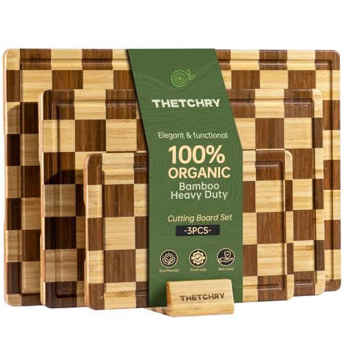 Checkered Bamboo Cutting Board Set - 3 Piece Kitchen Chopping Boards with Holder