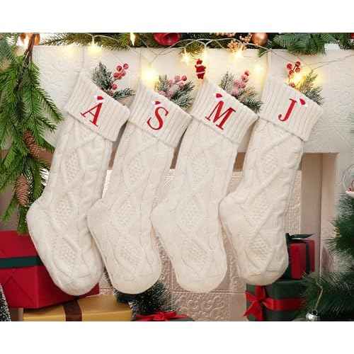 Personalized Christmas Stockings with Initials, 18 Inches Large Embroidered Monogrammed Cable Knit Christmas Stocking for Family, Xmas Holiday Party Gifts & Decoration for Fireplace(White,Letter A)