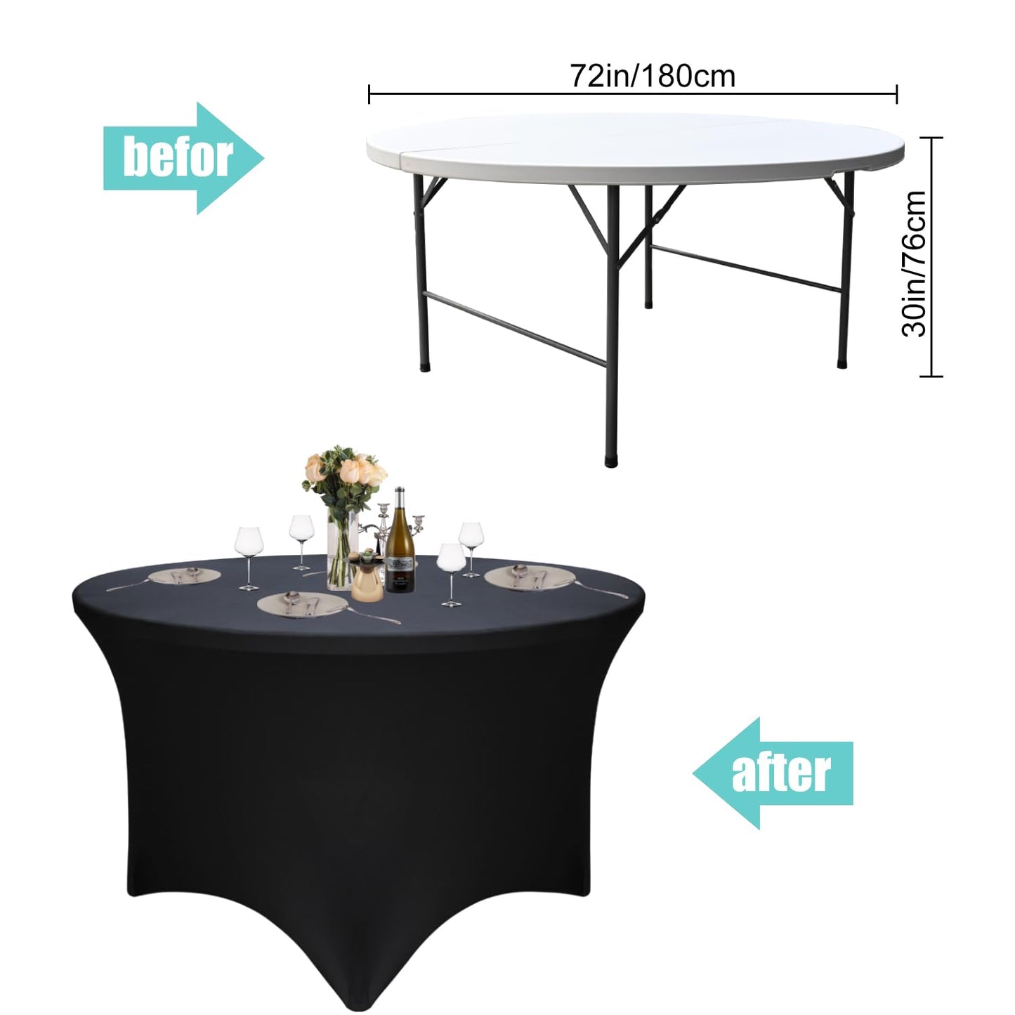 Yoquare 2 Pack Black 72-Inch Diameter x 30-Inch High Round Spandex Tablecloth for 6FT Round Tables|Fitted Stretch Tablecloth with Foot Bag for Party, Wedding, Birthday, Banquet, Vendor Stand