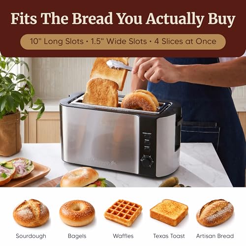 Elite Gourmet 4-Slice Toaster with Extra-Wide Long Slots, 6 Browning Levels - Black & Stainless Steel