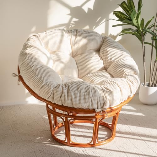 Beige Papasan Chair Cushion with Corduroy Cover - 48x48 Inch Overstuffed Supportive Seat Pad